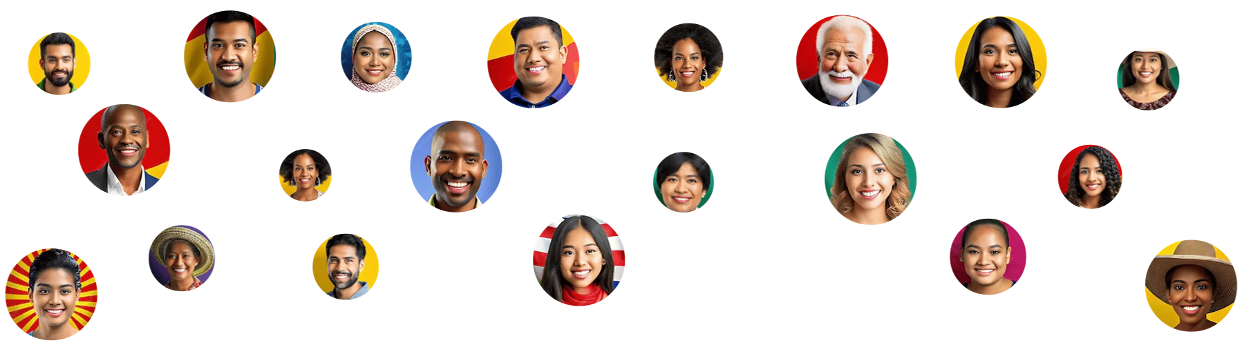 A grid of 18 diverse, smiling individuals in circular portraits. Each person's background features colors or patterns resembling a national flag.