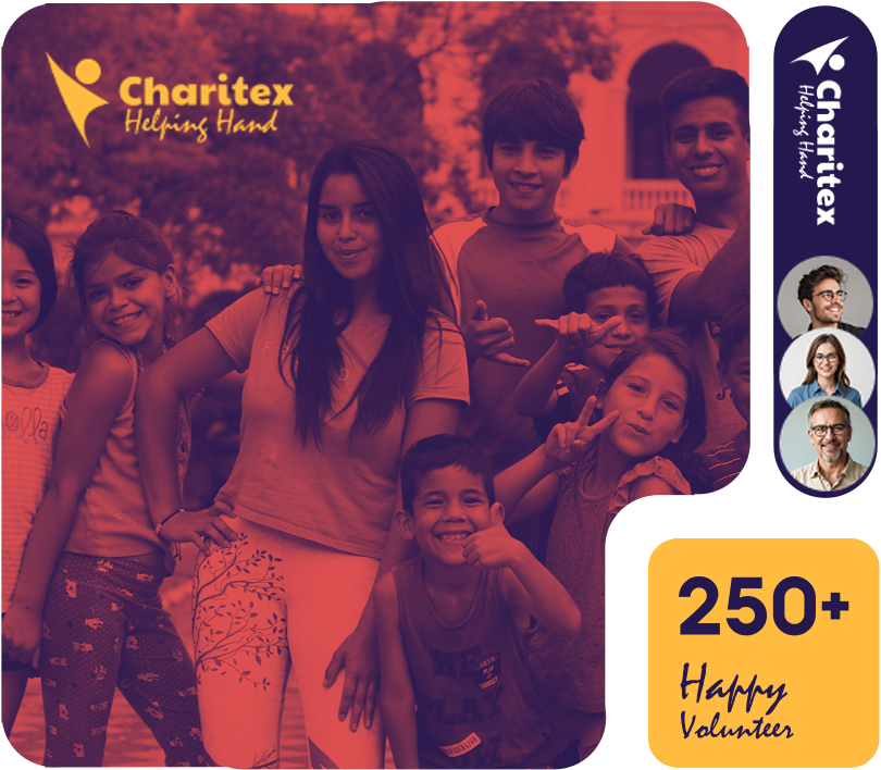 A vibrant image featuring a diverse group of happy children and young adults smiling and posing together. The "Charitex Helping Hand" logo is visible at the top left and on a vertical banner on the right. To the right, three