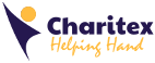 Logo for Charitex Helping Hand, featuring a stylized purple figure with open arms and a yellow head next to the text.