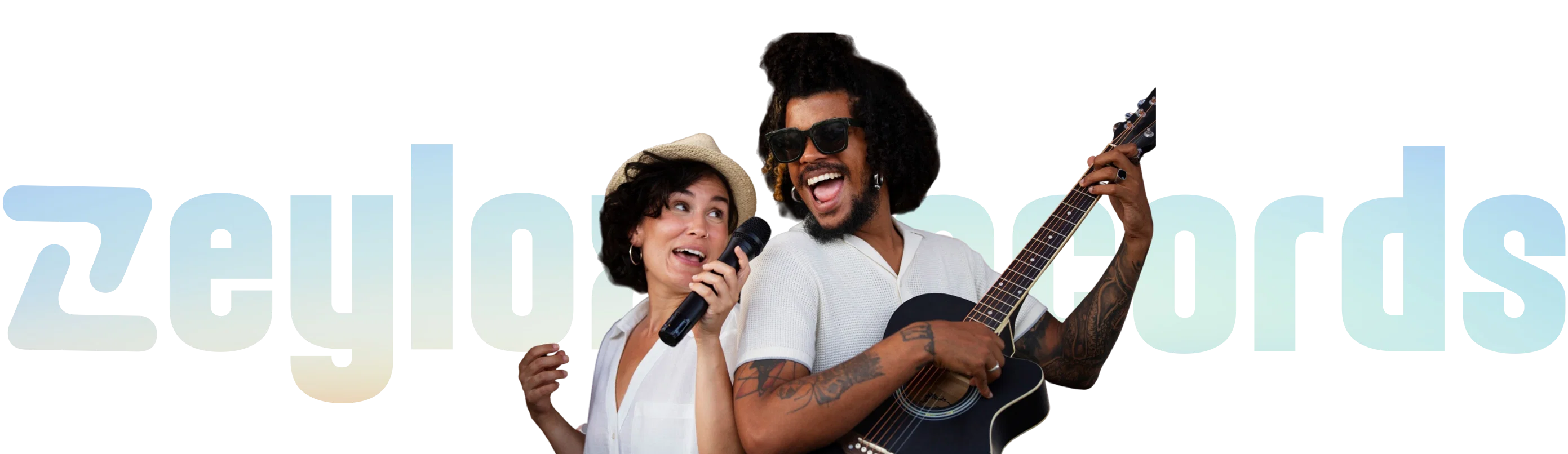 Logo for Zeylo Records featuring a smiling woman singing into a microphone and an energetic man playing an acoustic guitar.